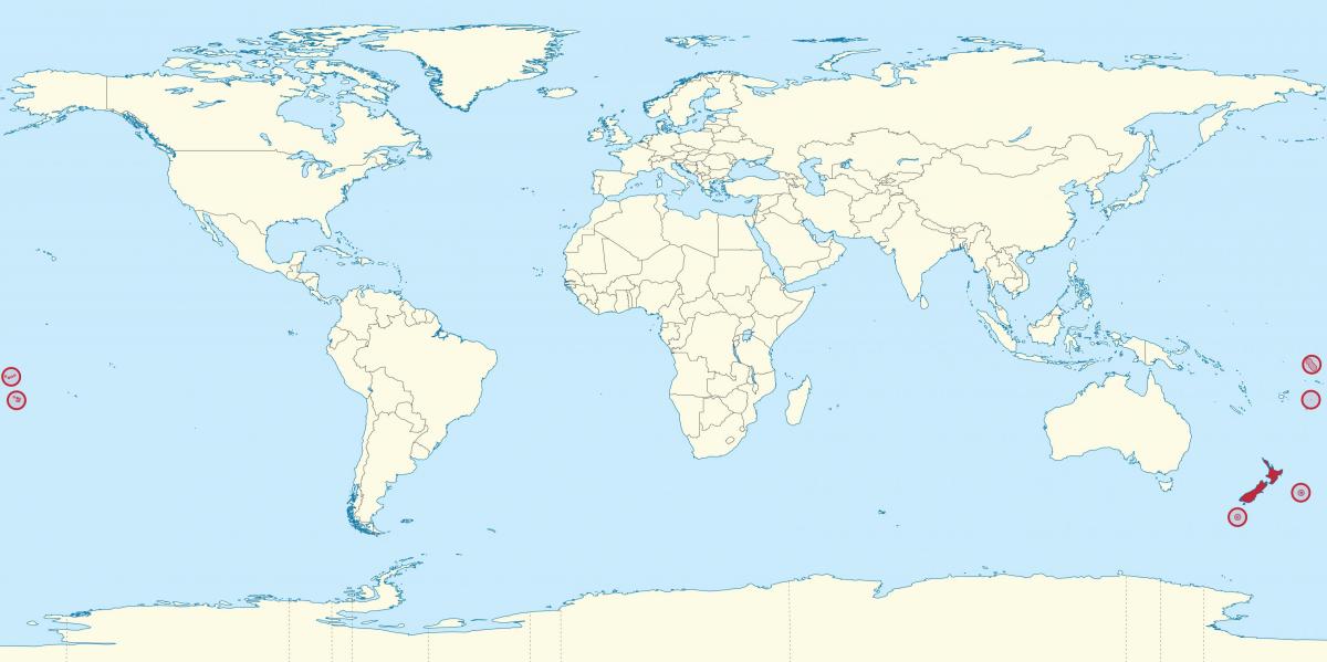 世界地図上のニュージーランドの位置
